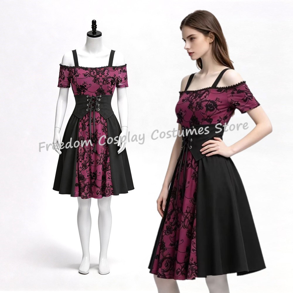 Medieval Renaissance Dress Women - Vestido corto de tirantes con estampado